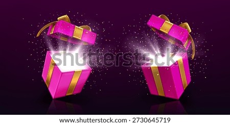 Open gift boxes with light and confetti isolated on black. Vector realistic illustration of unwrapped pink present package with golden ribbon bow, holiday surprise shining inside, sale celebration