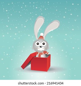 Open Gift and bunny. Christmas Vector Background