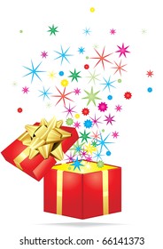 Open gift with colorful stars flying out it on a white background