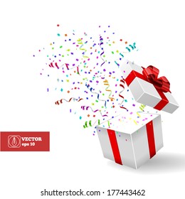 Open Gift And Confetti. Christmas Vector Background