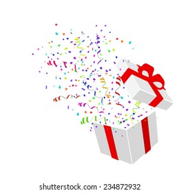 Open gift with confetti vector illustration background