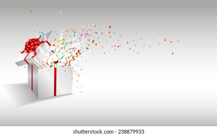 Open gift with fireworks from confetti. Congratulations on holiday. Border design. Vector background for promotions and offers.