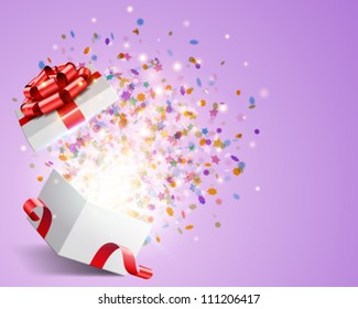 Open Gift With Fireworks From Confetti Vector Background. Eps 10