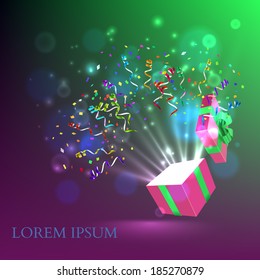 Open gift with fireworks from confetti. Vector background
