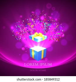 Open gift with fireworks from confetti vector background