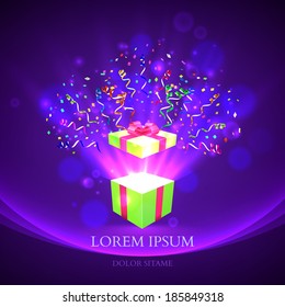 Open gift with fireworks from confetti vector background