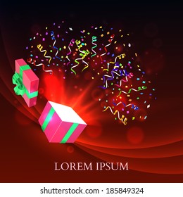 Open gift with fireworks from confetti vector background