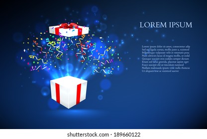Open gift with fireworks from confetti. vector