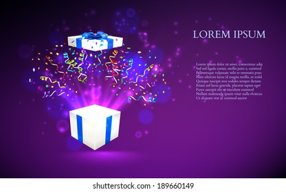 Open gift with fireworks from confetti. vector