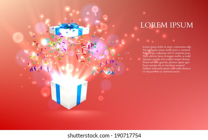Open gift with fireworks from confetti. vector
