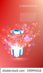 Open gift with fireworks from confetti. vector