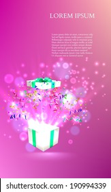 Open gift with fireworks from confetti. vector