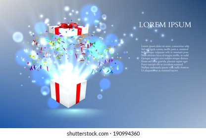 Open gift with fireworks from confetti. vector