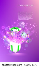 Open gift with fireworks from confetti. vector