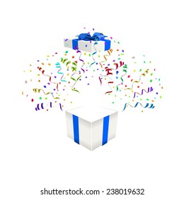 Open gift with fireworks from confetti. vector illustration