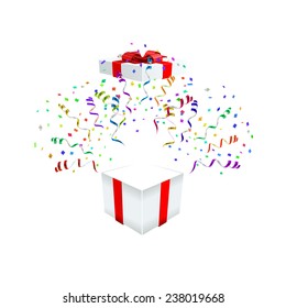 Open gift with fireworks from confetti vector illustration