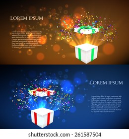 Open gift with fireworks from confetti. vector illustration