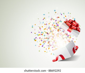 Open Gift With Fireworks From Confetti Vector Background. Eps 10