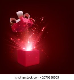 Open gift with fireworks and glitter. Present box decoration design element. Holiday banner with red open box. Vector illustration