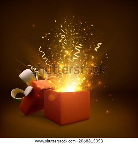 Open gift with fireworks and glitter. Present box decoration design element. Holiday banner with open box. Vector illustration