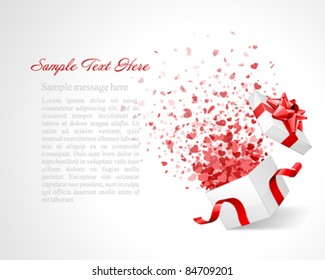 Open gift with fireworks from heart confetti vector background. Eps 10