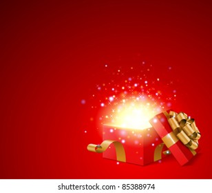 Open gift with fireworks from light vector background. Eps 10