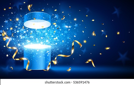 Open gift with gold ribbons and confetti. Vector illustration