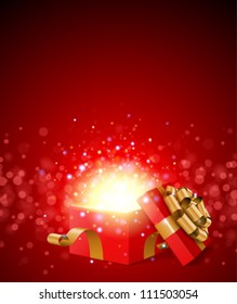 Open gift and light fireworks christmas vector background.