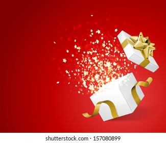 Open Gift And Light Fireworks Christmas Vector Background. 