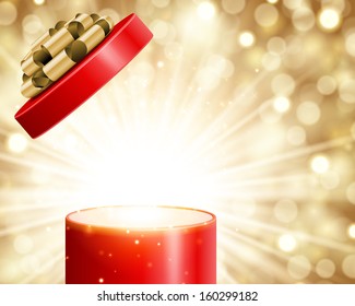 Open gift and light fireworks Christmas vector background.