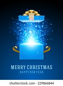 Open gift and light fireworks christmas vector background. Merry Christmas and Happy New Year message.