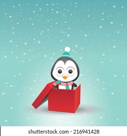 Open Gift and penguin. Christmas Vector Background