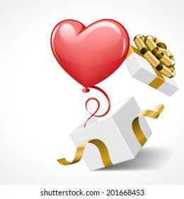 Open gift present box and balloon heart vector background 