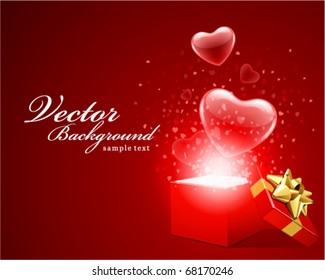 Open gift present box with fly hearts Valentine's day vector background