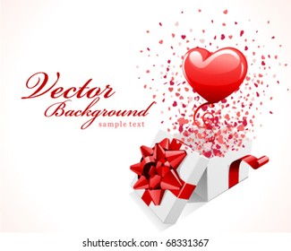 Open gift present box with fly hearts and balloon Valentine's day vector background