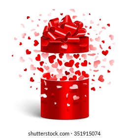 Open gift with red bow and flying hearts on white background. Vector illustration