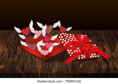 Open gift red box with departing hearts with wings. Valentine's Day. Greeting card. Free space vector illustration isolate on a wooden background.