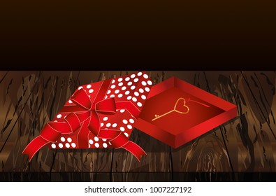 Open gift red box with golden key. Golden necklace. Gift on Valentine's Day. Greeting card. Vector illustration isolate on a wooden  background.
