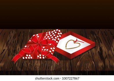 Open gift red box with Pendant in the shape of a heart. Golden necklace. Gift on Valentine's Day. Greeting card. Vector illustration isolate on a wooden background.