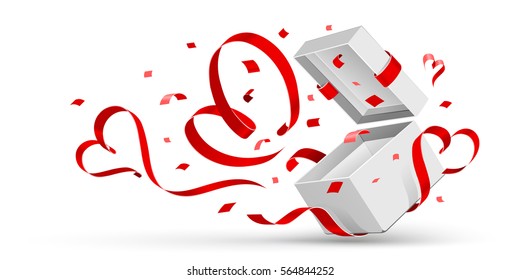 Open gift with red hearts isolated on white. Vector illustration