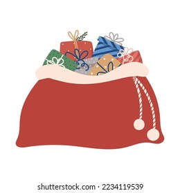 Open gift sack, bags of Santa Claus.  Christmas symbol in red fabric, full of toys. The traditional element of winter holiday.