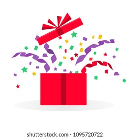 Open gift with serpentine and confetti. Open gift box. Vector illustration flat design. Template for congratulations, discounts, celebration events. Isolated on white background. 
