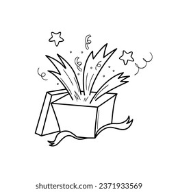 Open gift with a surprise. Prize drawing. Explosion, confetti, stars.  Win. Vector illustration in doodle style on white background.