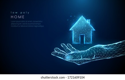 Open giving hand with country house icon. Low poly style design. Abstract geometric background. Wireframe light connection structure. Modern 3d graphic concept. Isolated vector illustration.