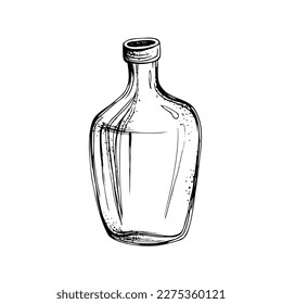 Open glass bottle. Isolated object drawn by hand in graphic technique. Vector illustration for decoration and design.