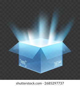 Caja de cristal abierta con luz en el interior. Plantilla aislada sobre fondo transparente. Maqueta de Vector.