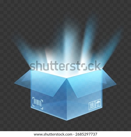 Open glass box with light inside. Template isolated on transparent background. Vector mockup.