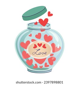 Open glass jar with hearts. Concept of love, Valentine's Day, and charity. Hand-drawn vector illustration of jar full with love messages for postcard, banner, decor, poster, invitation, greeting card.