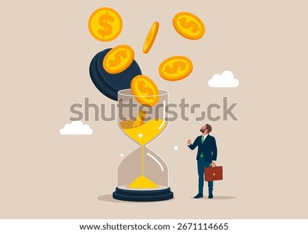 Open glass sand clock to see Golden Coins. Value of money increases over time. Savings, Collecting Money in Account, Open Bank Deposit. Analyzing optimization, monitoring, task management. Vector 