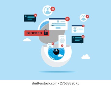 Open globe of the eye with blocked ID card. Hacker Cyber Attack, Censorship. Modern vector illustration in flat style.